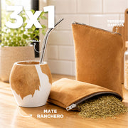 3x1 - Mate Vaca Ranchero Blanco + Bombilla + Yerbera Gamuza