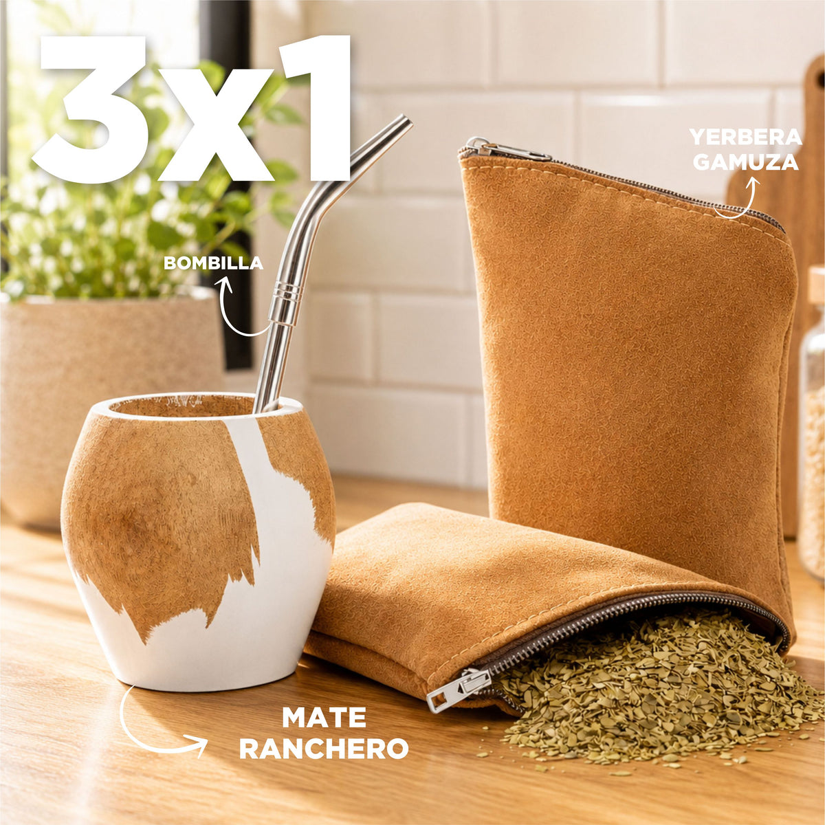 3x1 - Mate Vaca Ranchero Blanco + Bombilla + Yerbera Gamuza