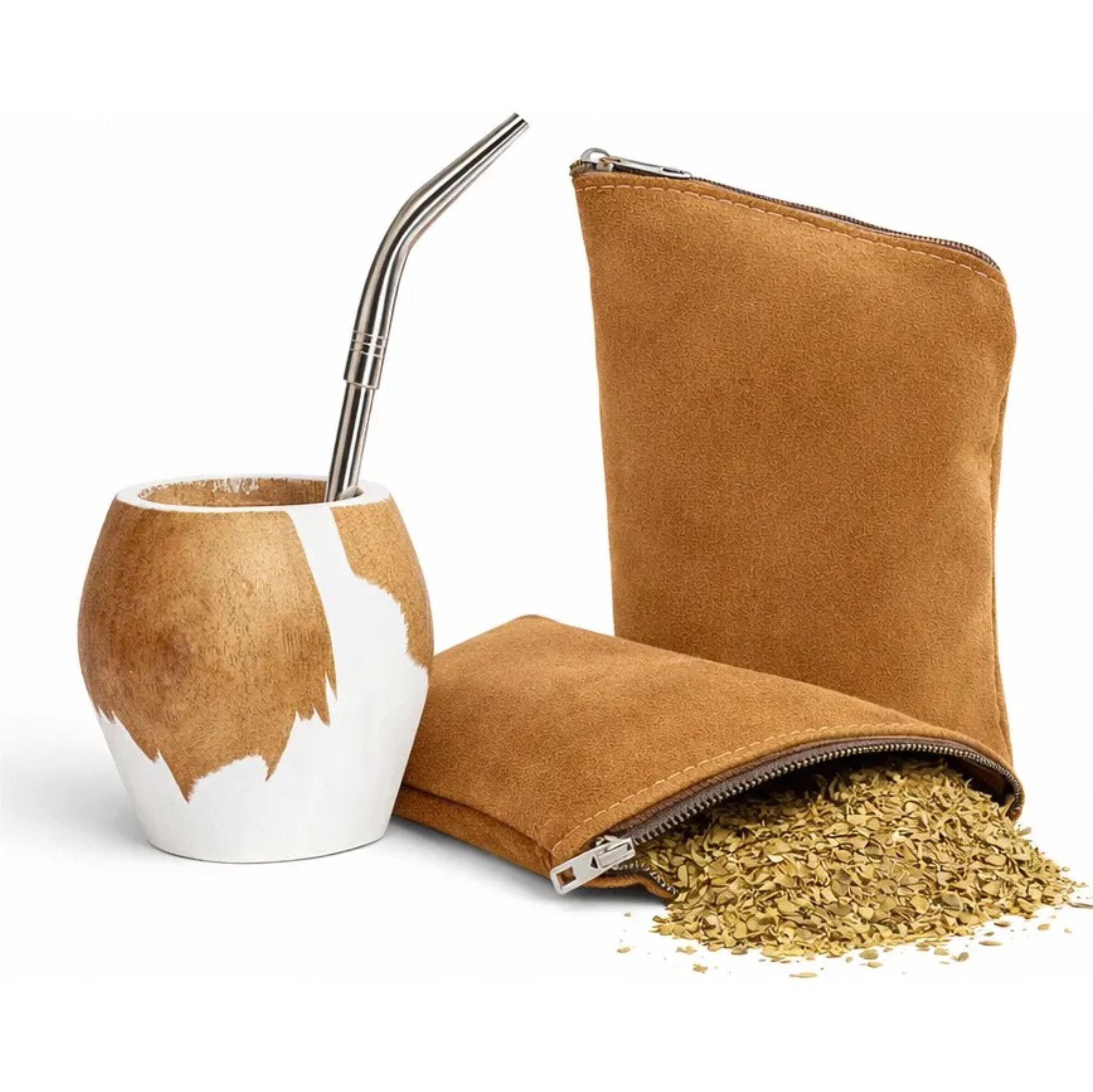 3x1 - Mate Vaca Ranchero Blanco + Bombilla + Yerbera Gamuza
