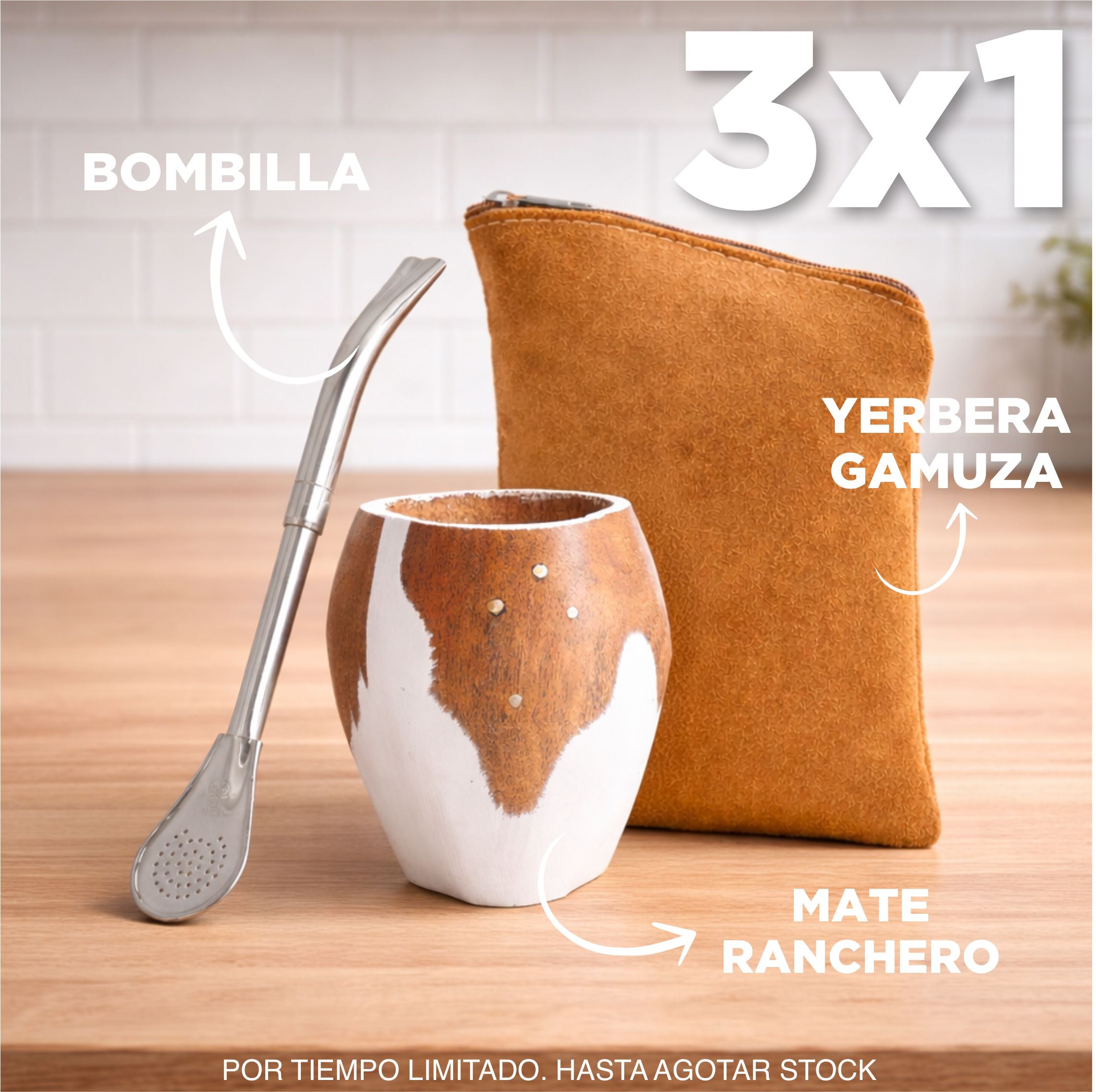 3x1 - Mate Vaca Ranchero Blanco + Bombilla + Yerbera Gamuza