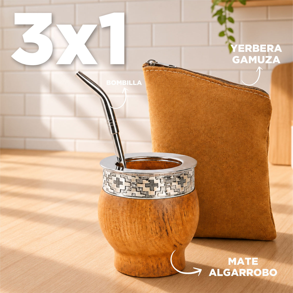 3x1 - Mate Imperial de Algarrobo Premium + Bombilla + Yerbera Gamuza