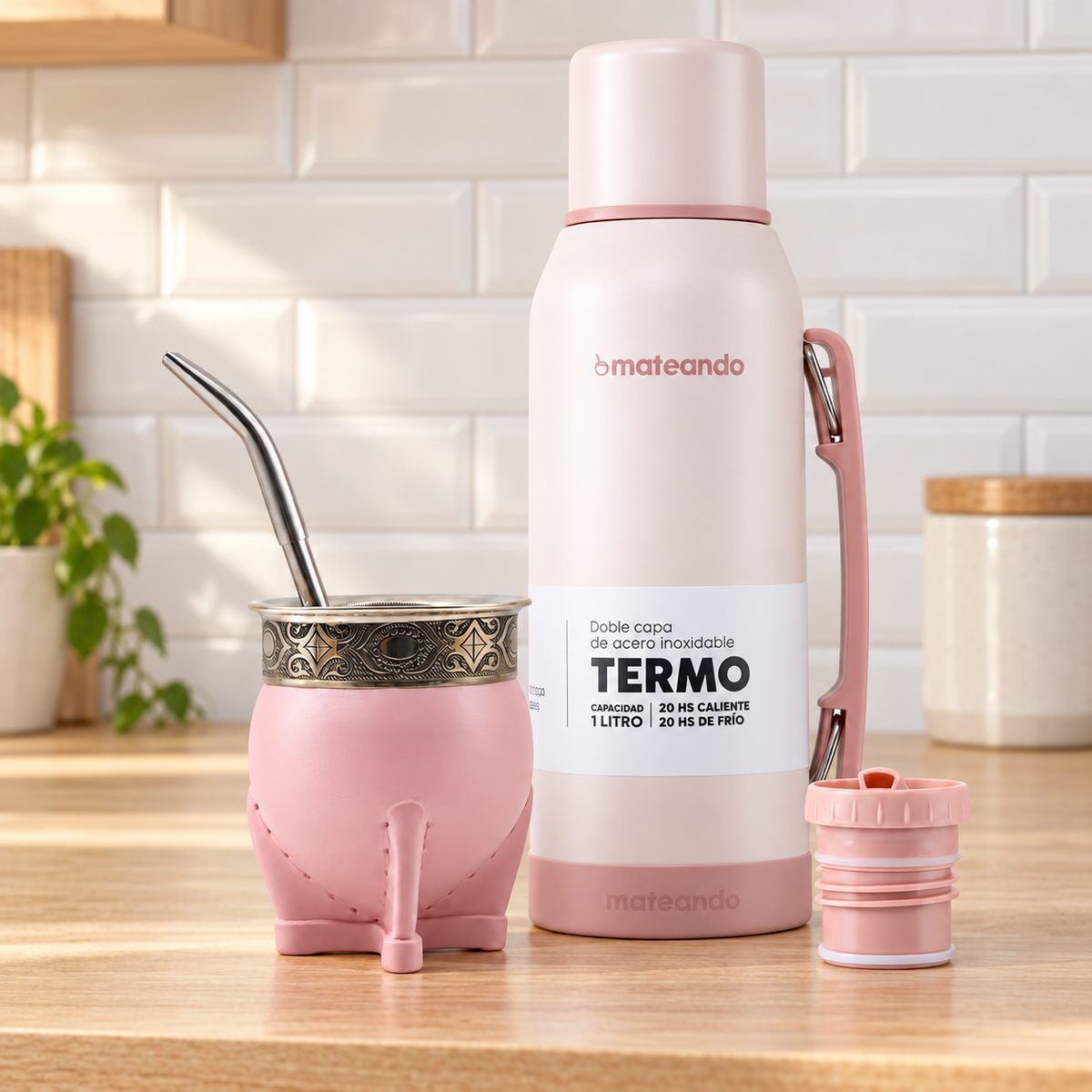 Set Imperial Acero Rose Quartz  + Termo Mateando  + Bombilla