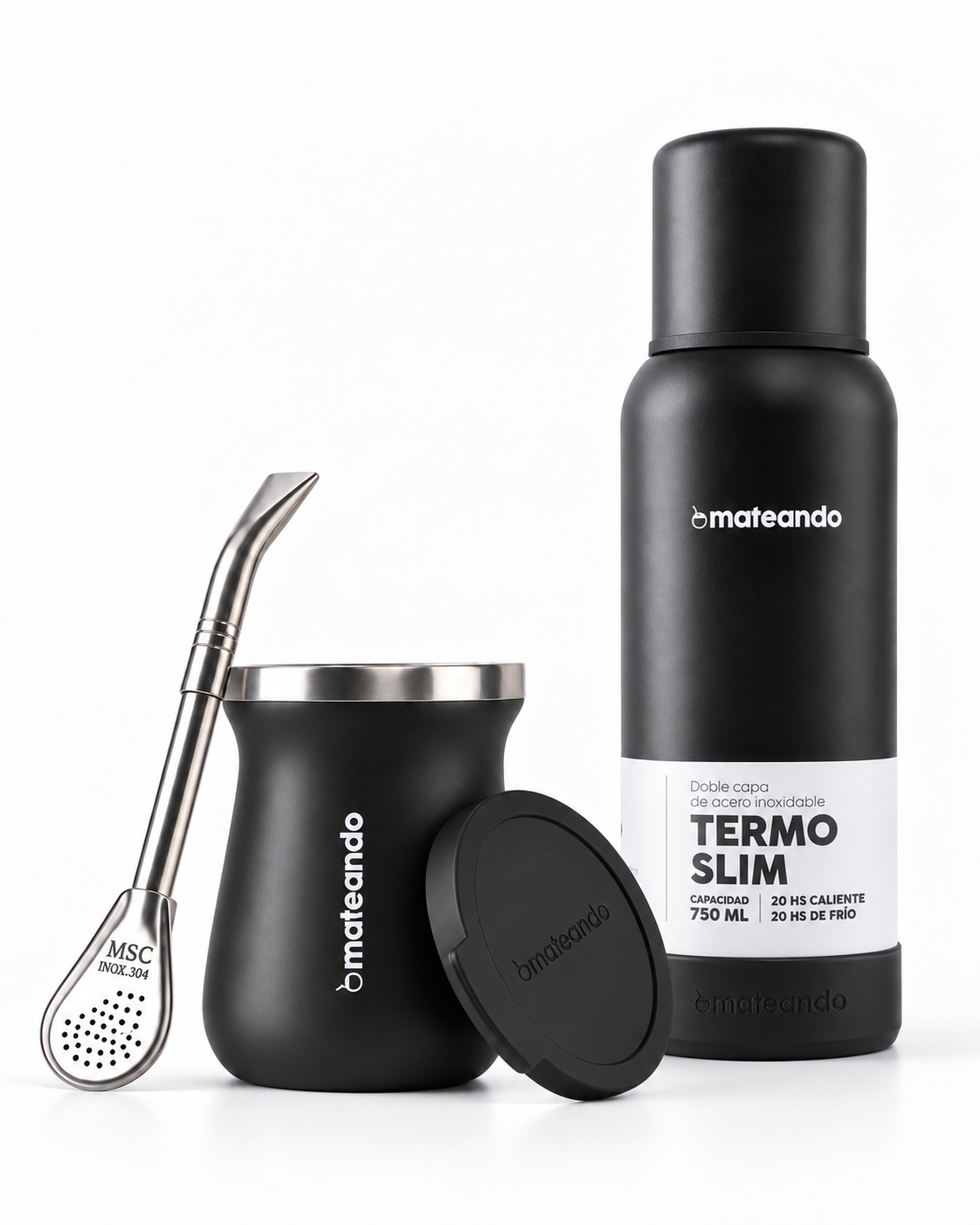 Kit Matero Termo 750ml Mate Negro con Bombilla - Mateando