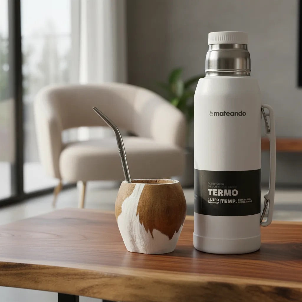 Set Mate Vaca Ranchero Blanco + Termo Mateando 1000 ml Blanco + Bombilla