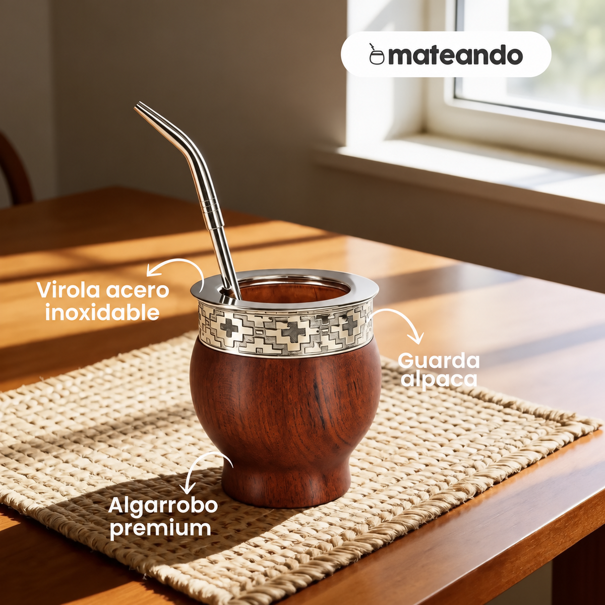 Mate Imperial Algarrobo Encerado Grabado Con Bombilla Pico De Loro
