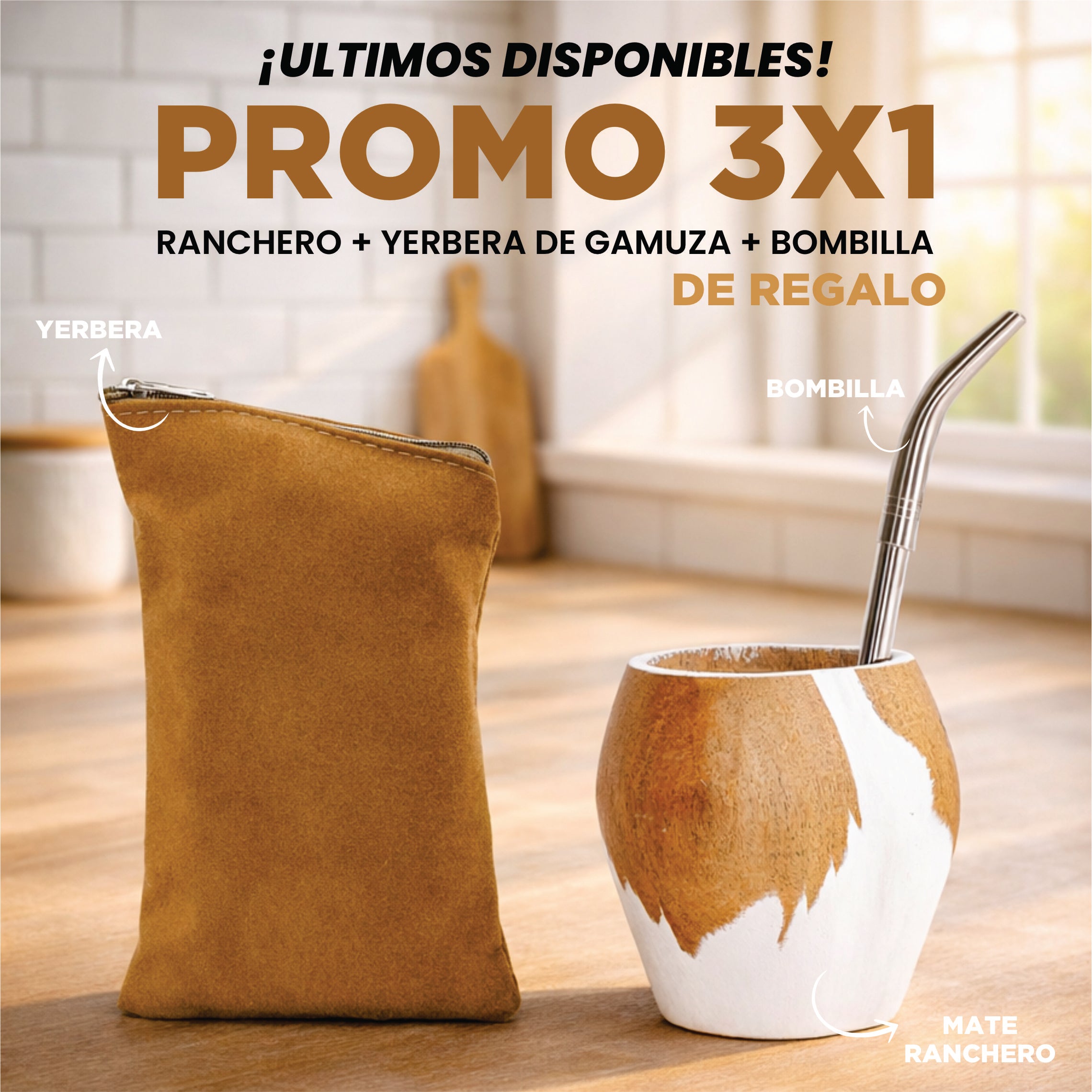 3x1 - Mate Vaca Ranchero Blanco + Bombilla + Yerbera Gamuza