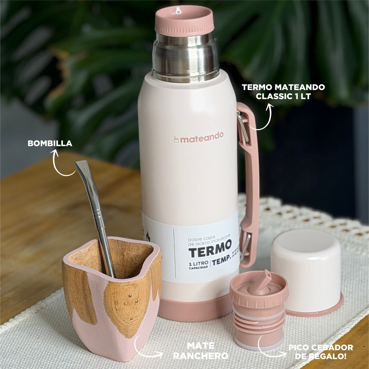 Kit Mate Vaca Ranchero 4.0 Rose Quartz + Termo Mateando 1 L + Bombilla