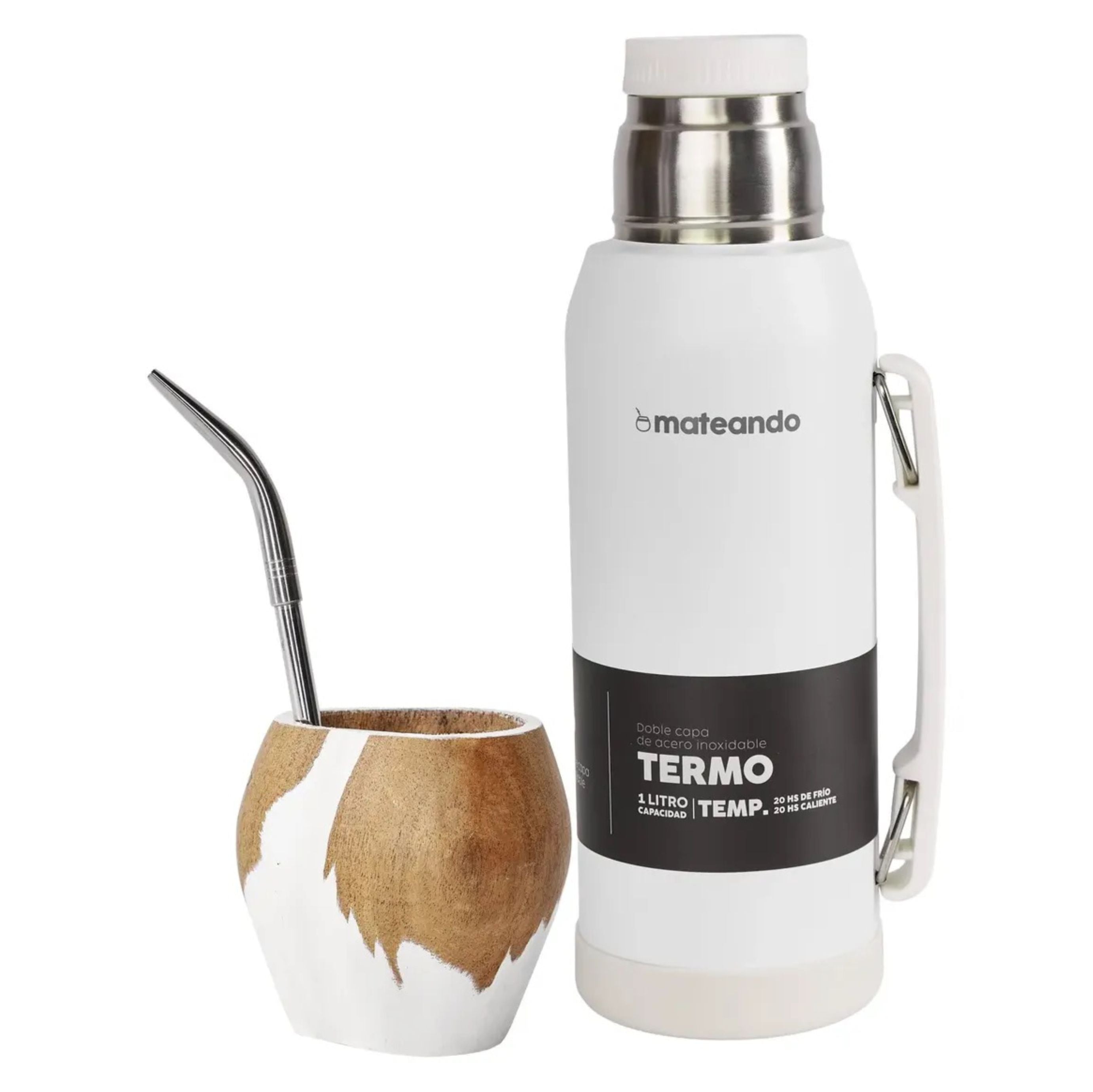 Set Mate Vaca Ranchero Blanco + Termo Mateando 1000 ml Blanco + Bombilla