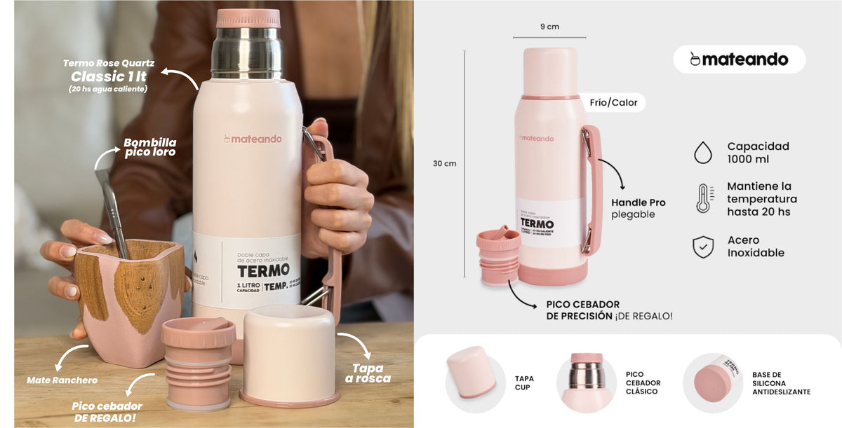 Kit Mate Vaca Ranchero 4.0 Rose Quartz + Termo Mateando 1 L + Bombilla