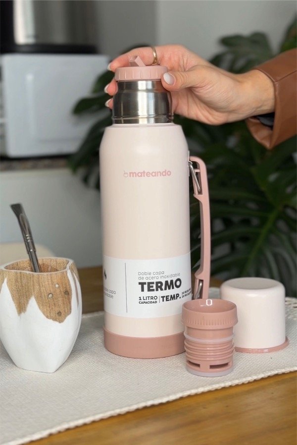 Set Mate Vaca Ranchero Blanco + Termo Mateando 1000 ml Rosa + Bombilla