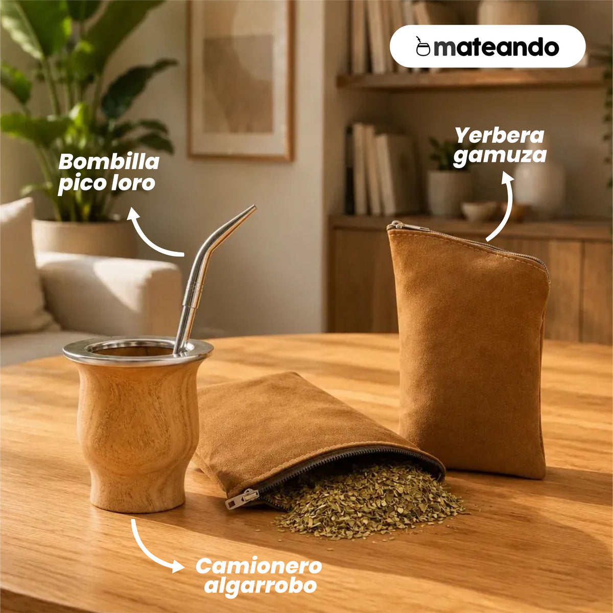3x1 - Mate Camionero Algarrobo Bombilla Yerbera Gamuza