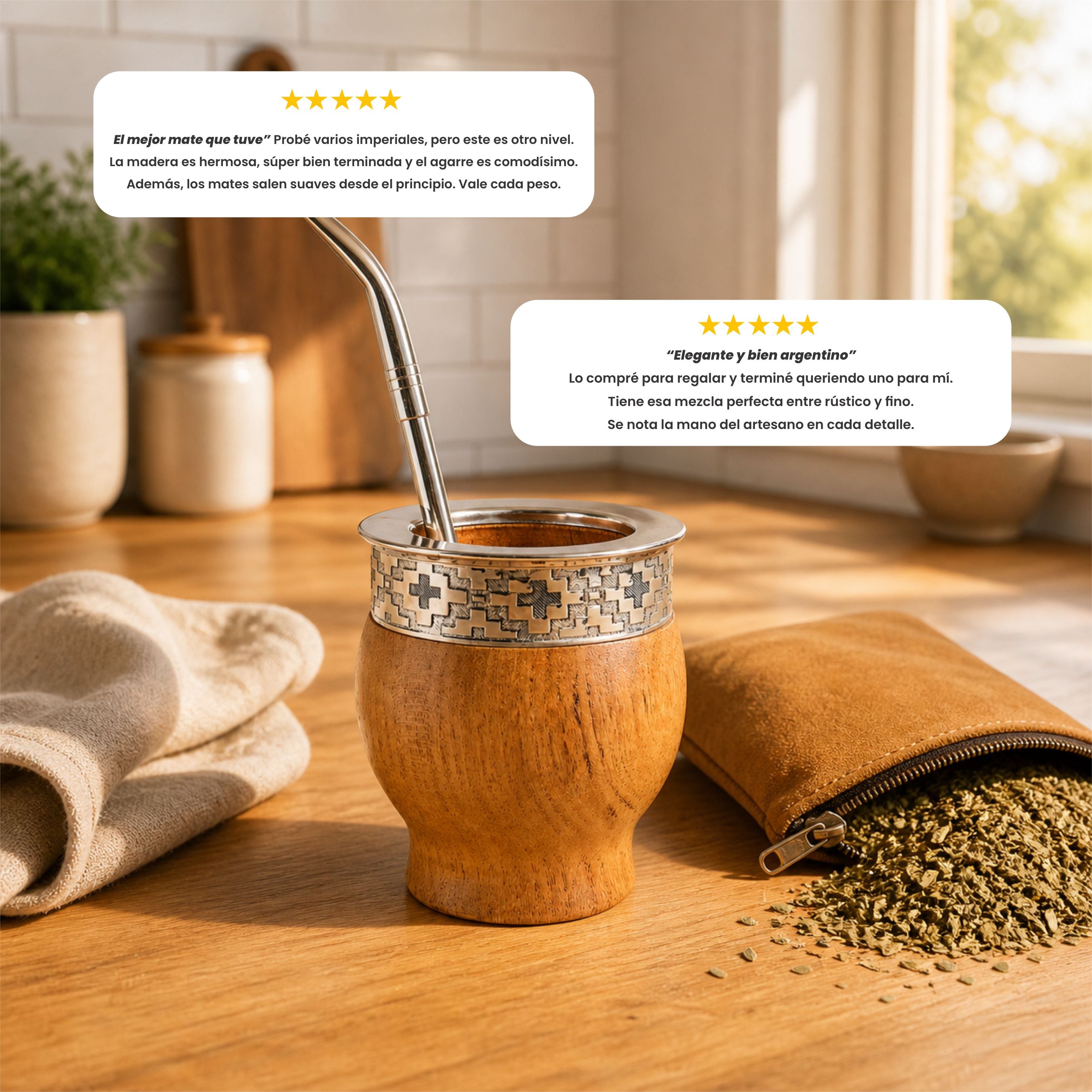 3x1 - Mate Imperial de Algarrobo Premium + Bombilla + Yerbera Gamuza
