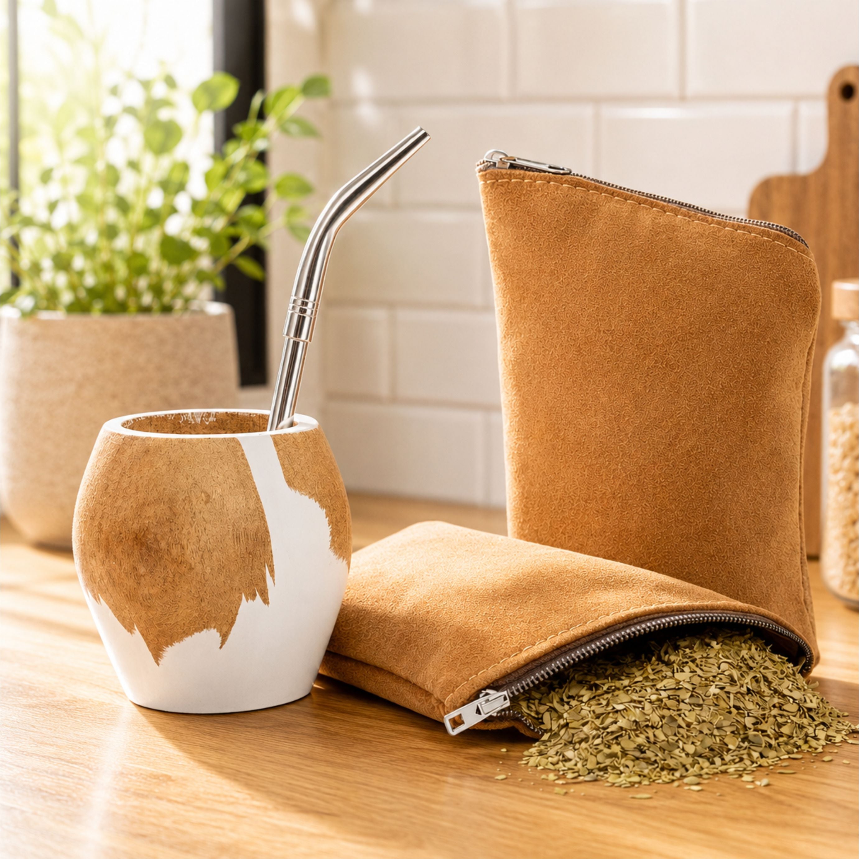 3x1 - Mate Vaca Ranchero Blanco + Bombilla + Yerbera Gamuza