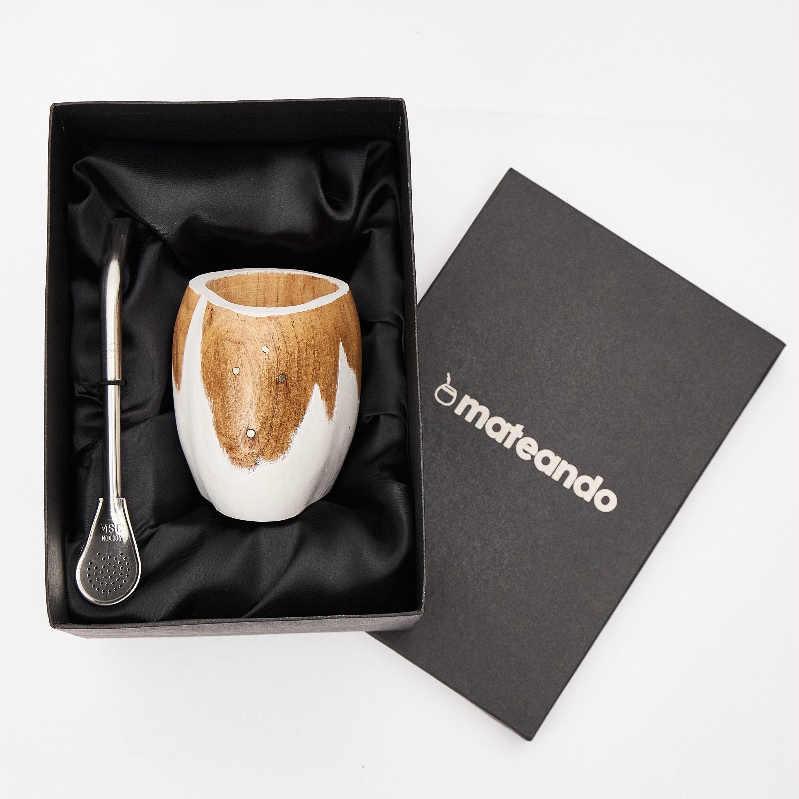 3x1 - Mate Vaca Ranchero Blanco + Bombilla + Yerbera Gamuza