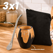3x1 - Mate Vaca Ranchero Negro + Bombilla + Yerbera Gamuza