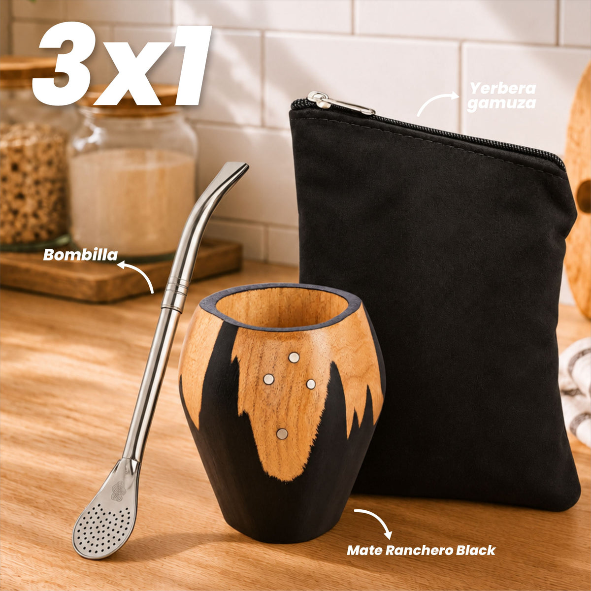 3x1 - Mate Vaca Ranchero Negro + Bombilla + Yerbera Gamuza