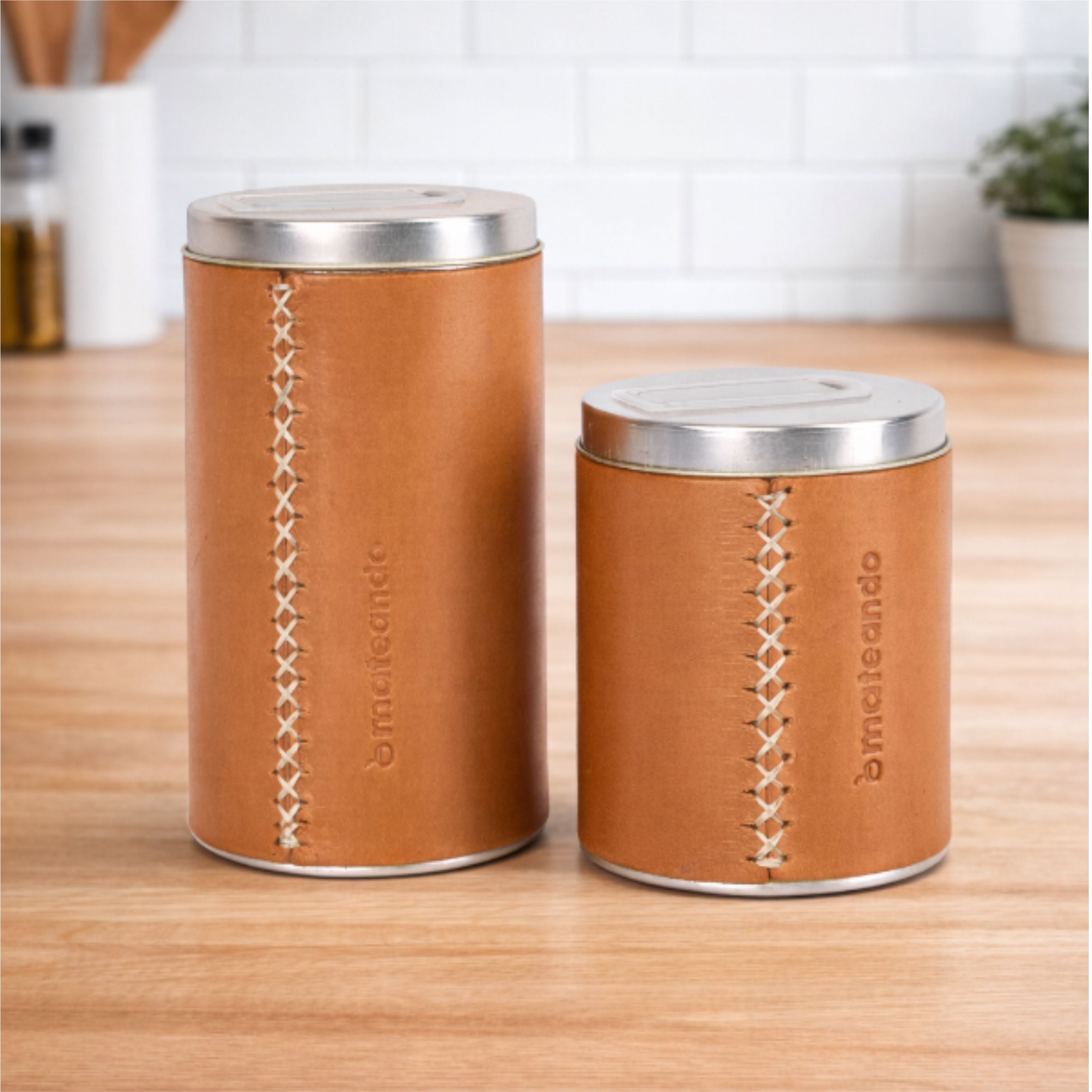 Set Yerbera Y Azucarera Latas Para Mate Forradas Cuero