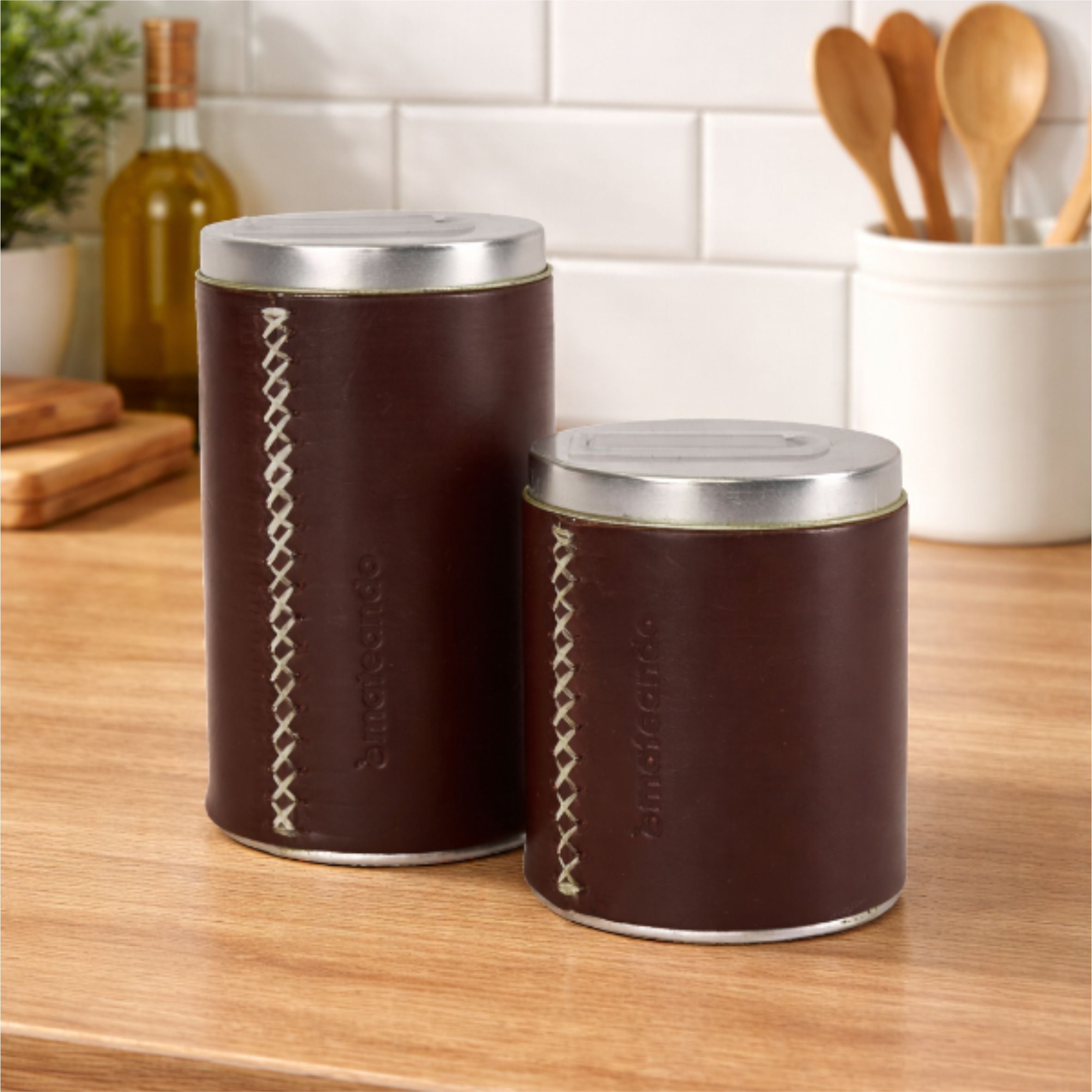 Set Yerbera Y Azucarera Latas Para Mate Forradas Cuero