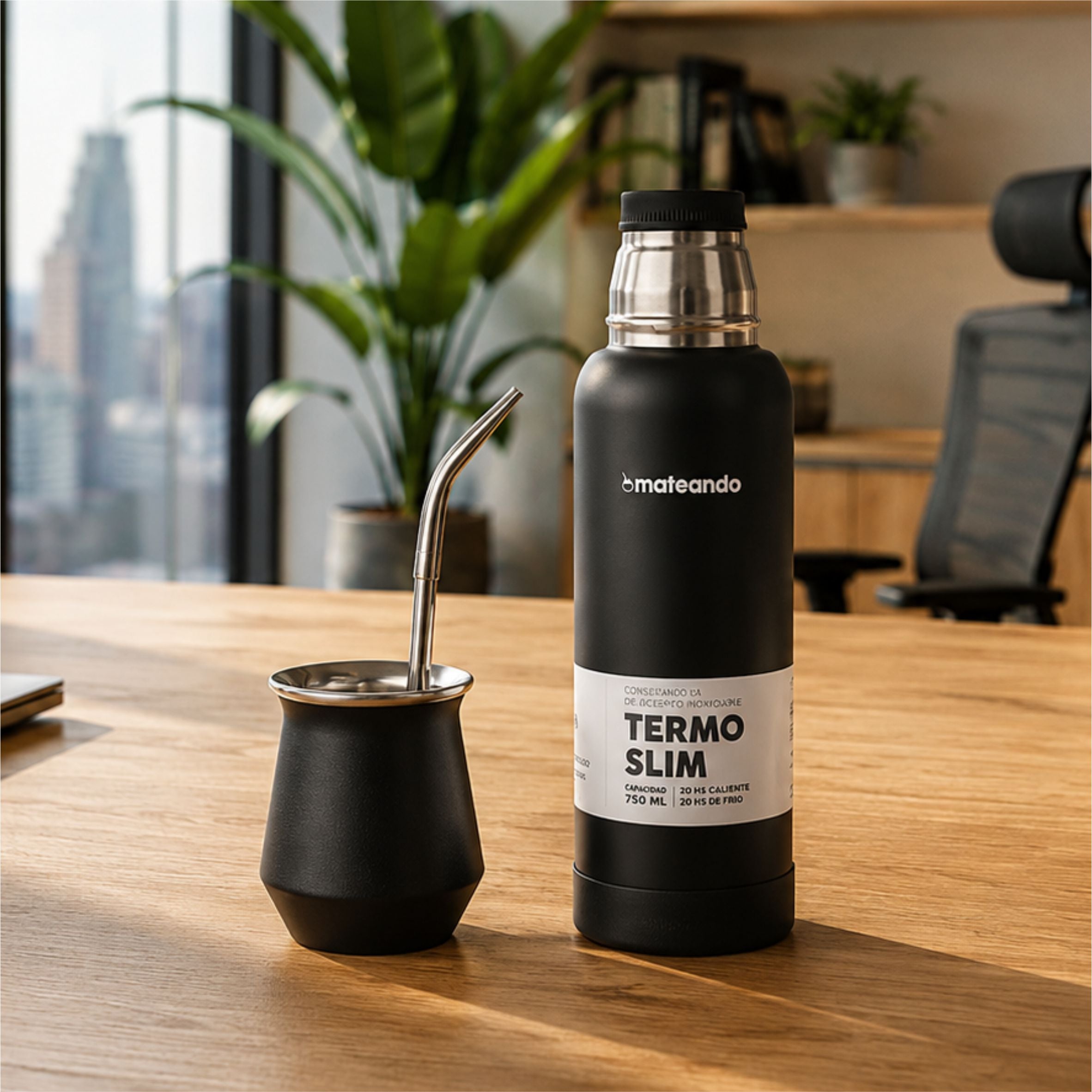 Set Office Negro - Mate Gota + Termo 750 ml + Bombilla
