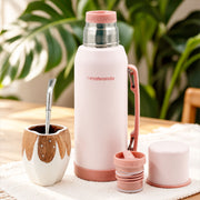 Set Mate Vaca Ranchero Blanco + Termo Mateando 1000 ml Rosa + Bombilla