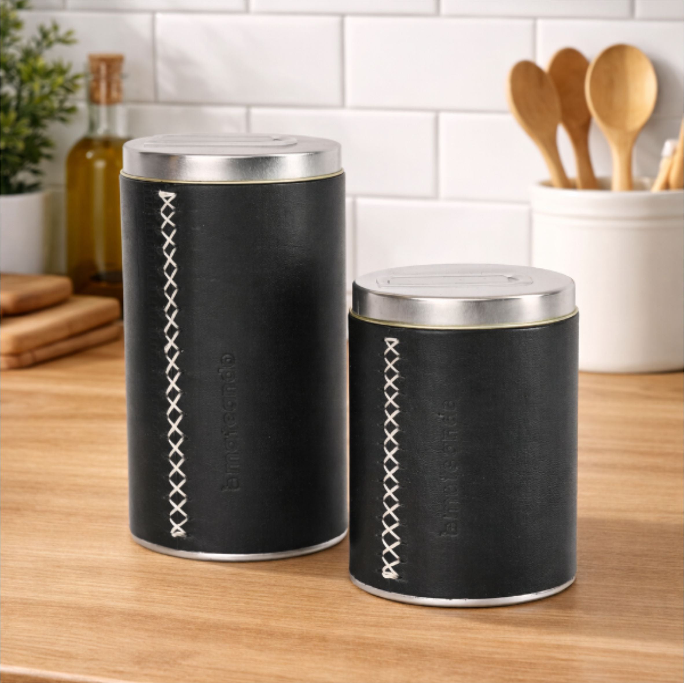 Set Yerbera Y Azucarera Latas Para Mate Forradas Cuero