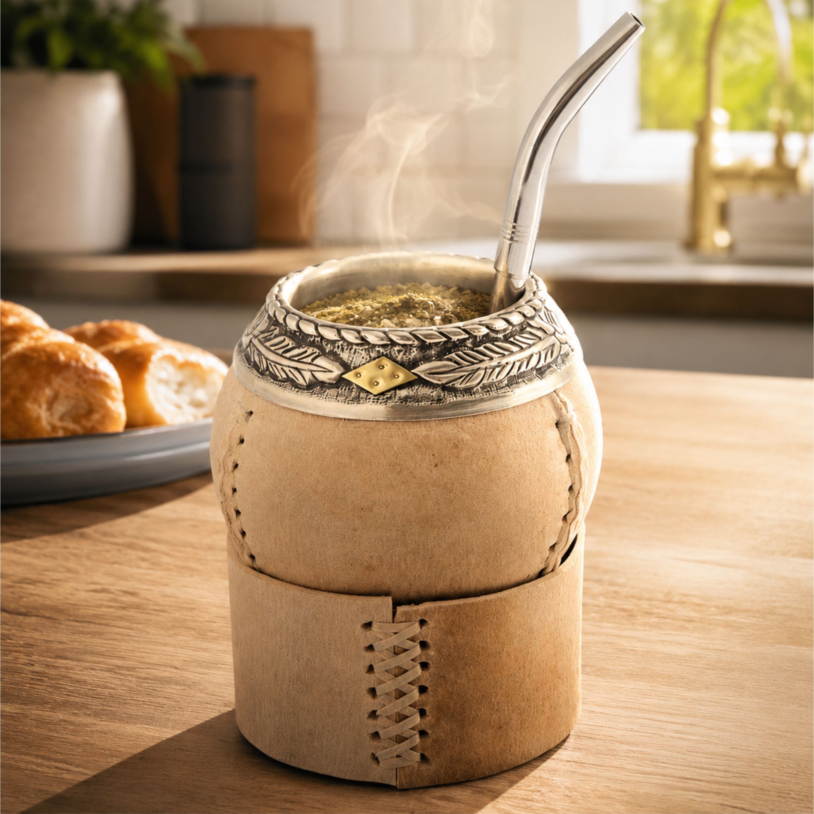 Mate Torpedo Crudo Alpaca Cincelado Premium (Base de cuero)
